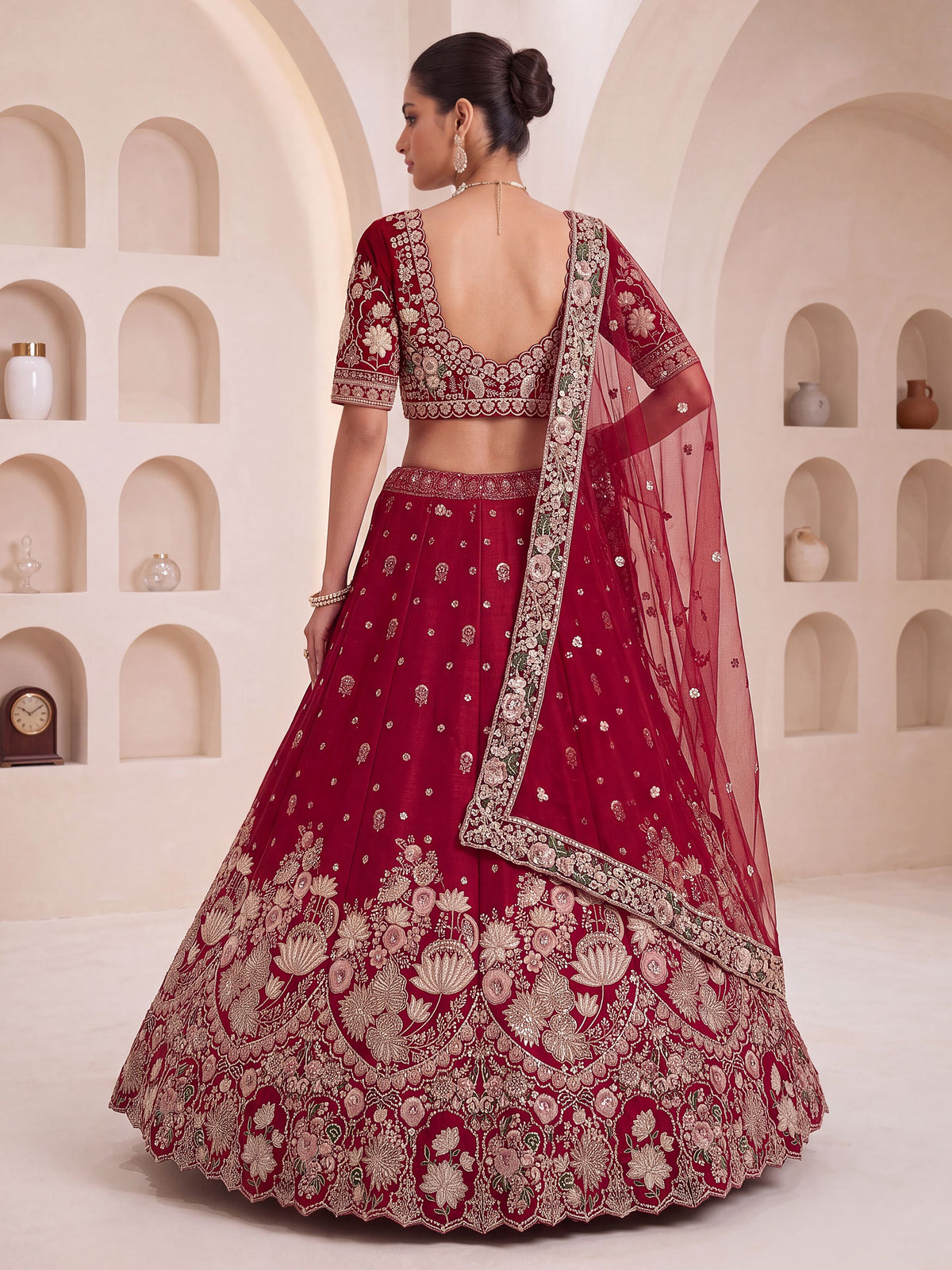 Ravishing Maroon Sequins Silk Bridal Lehenga Choli With Double Dupatta