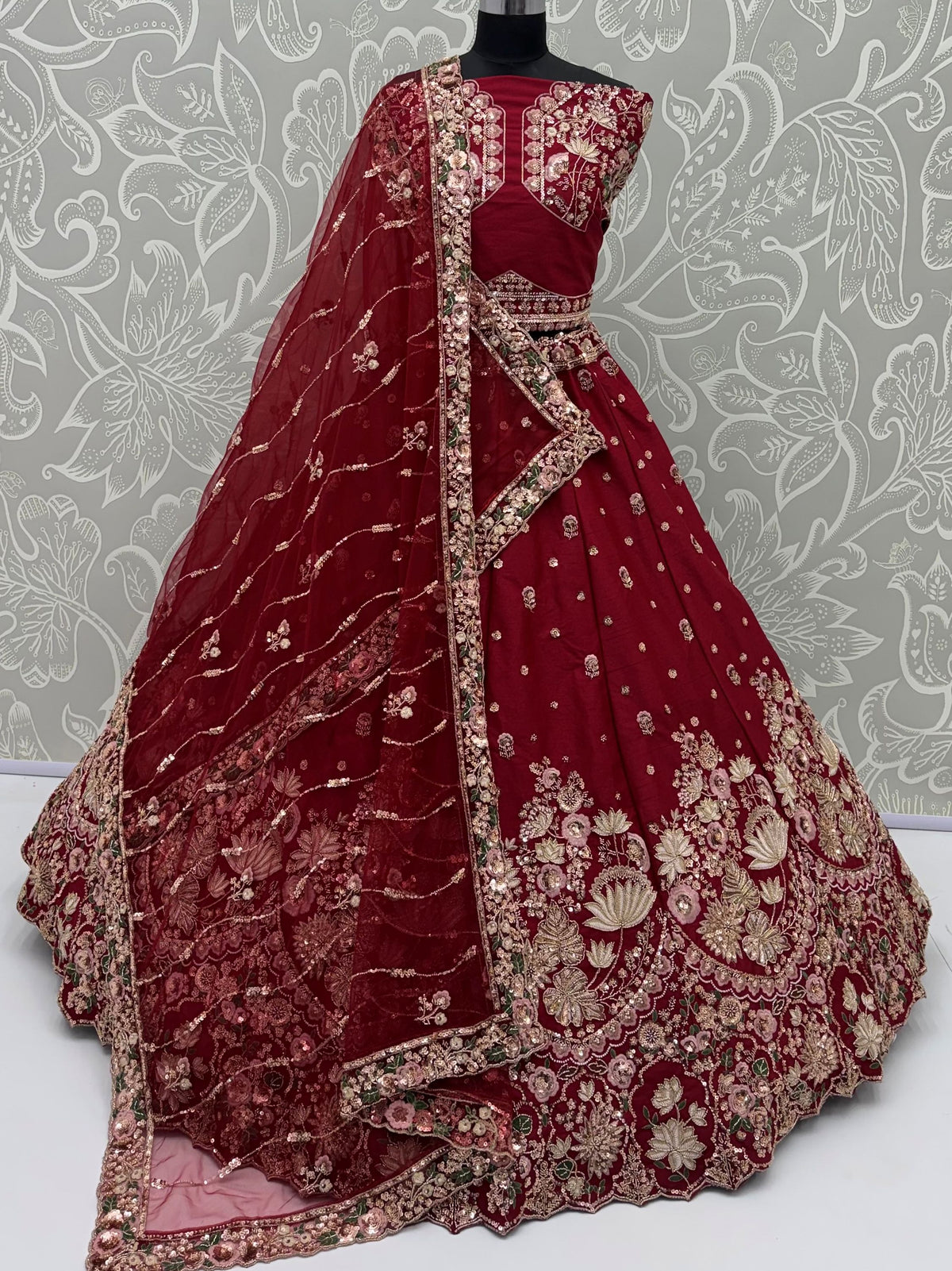 Ravishing Maroon Sequins Silk Bridal Lehenga Choli With Double Dupatta