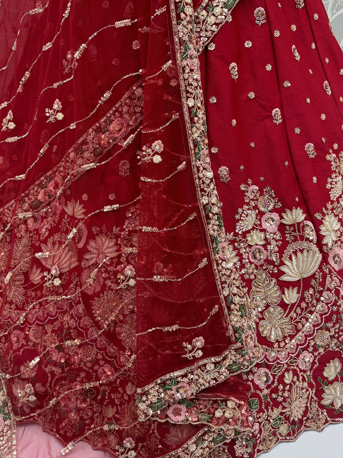Ravishing Maroon Sequins Silk Bridal Lehenga Choli With Double Dupatta