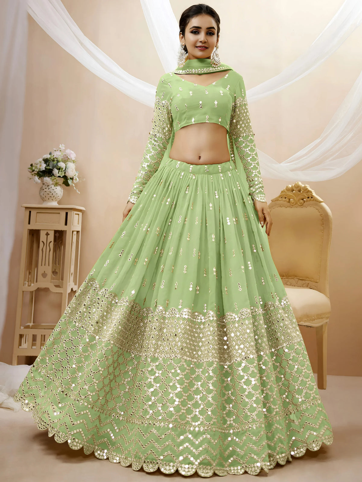 Attractive Pastel Green Sequins Work Georgette Lehenga Choli