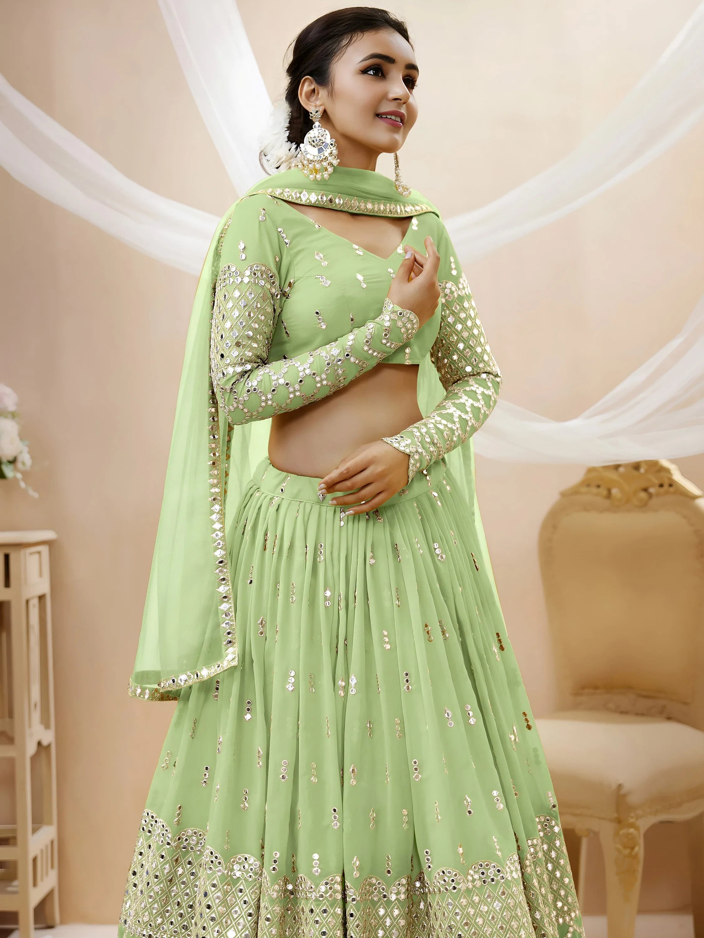 Attractive Pastel Green Sequins Work Georgette Lehenga Choli