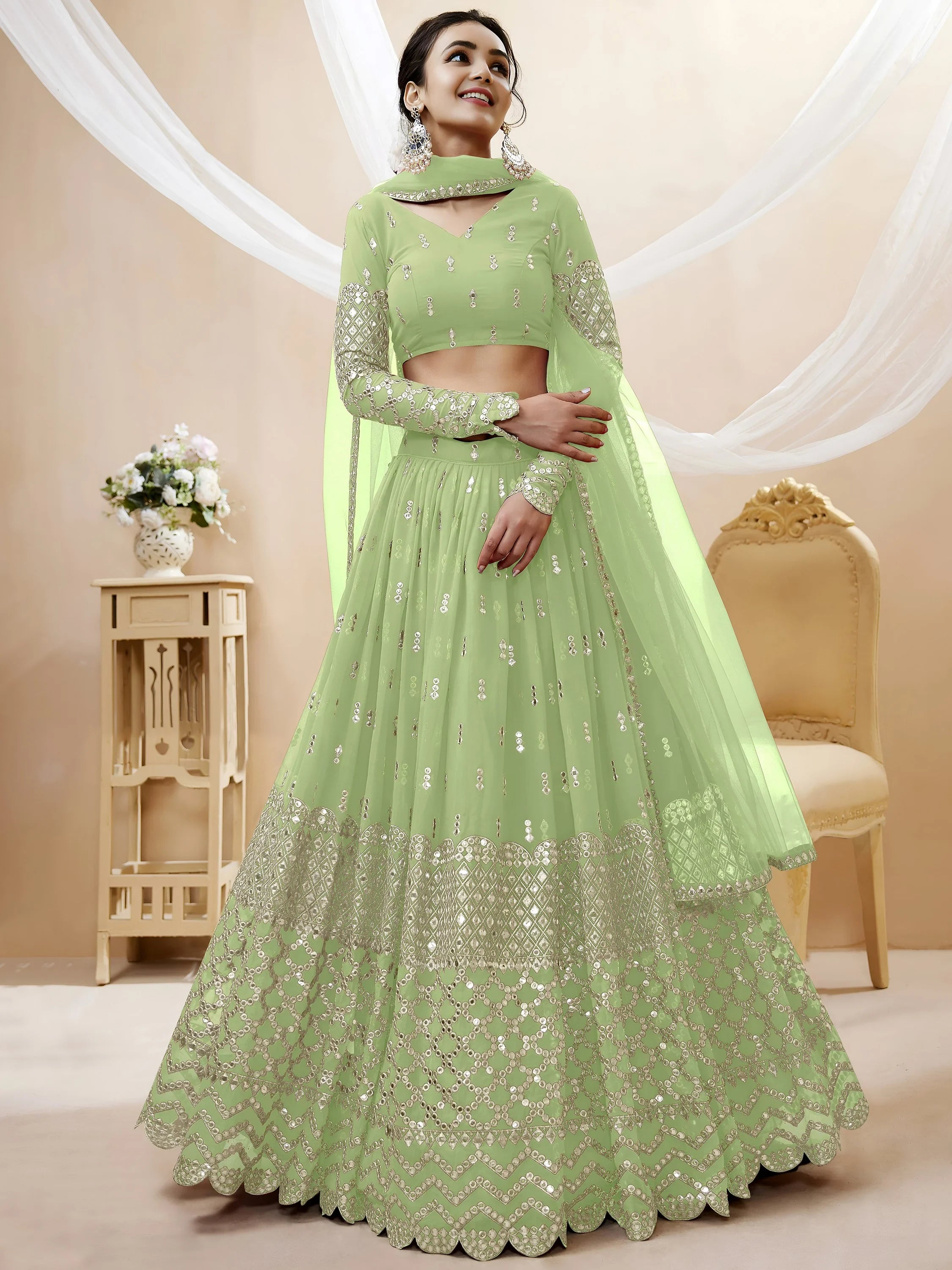 Attractive Pastel Green Sequins Work Georgette Lehenga Choli