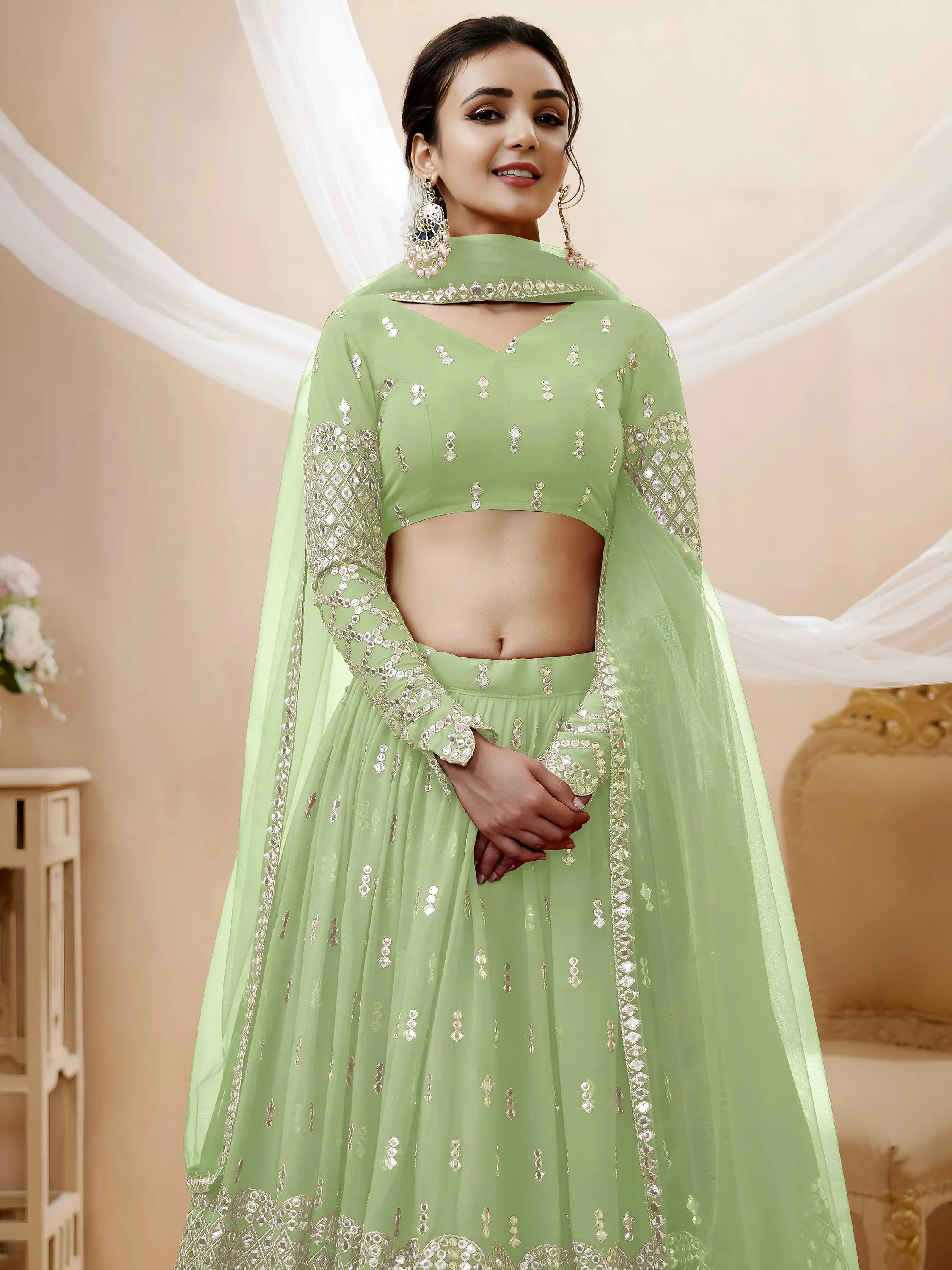 Attractive Pastel Green Sequins Work Georgette Lehenga Choli