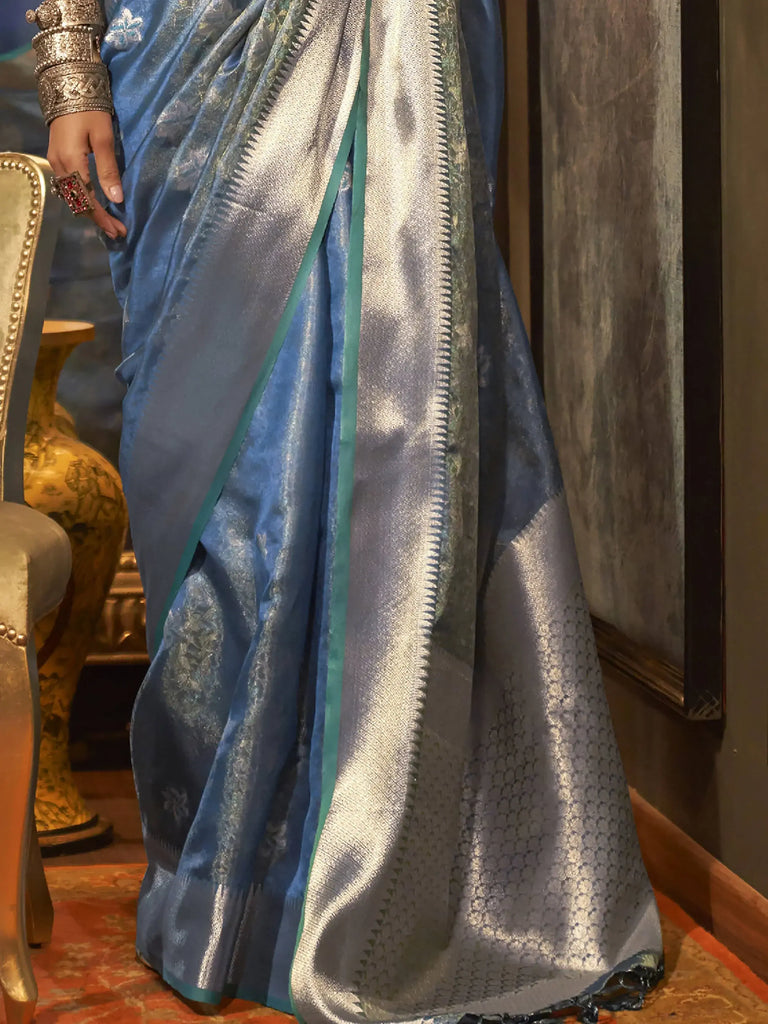 Stunning Sky-Blue Zari Weaving Organza Festival Wear Saree With Blouse