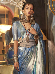 Stunning Sky-Blue Zari Weaving Organza Festival Wear Saree With Blouse