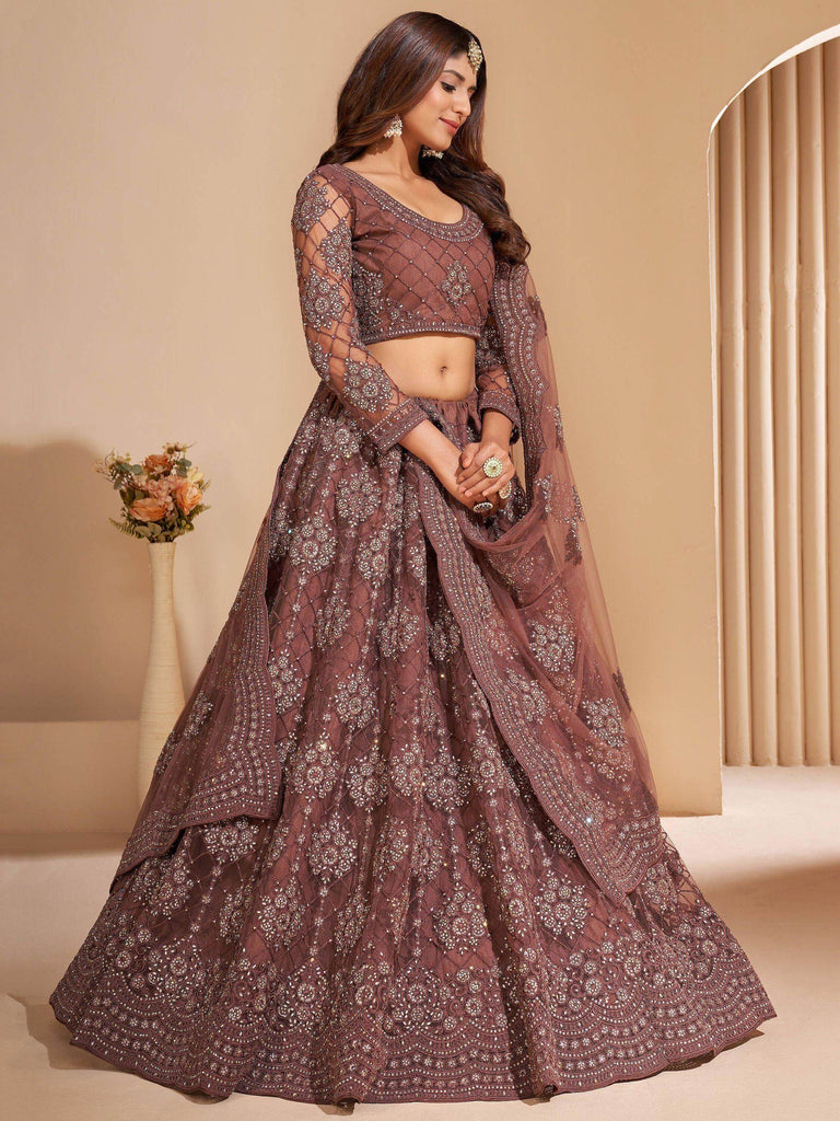 Wonderful Brown Embroidered Net Wedding Wear Lehenga Choli