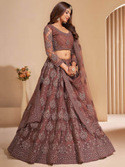 Wonderful Brown Embroidered Net Wedding Wear Lehenga Choli