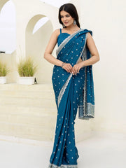 Chic Aqua Blue Chinon Sequins Embroidered Saree With Blouse
