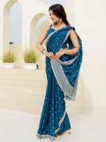 Chic Aqua Blue Chinon Sequins Embroidered Saree With Blouse