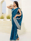 Chic Aqua Blue Chinon Sequins Embroidered Saree With Blouse