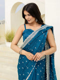 Chic Aqua Blue Chinon Sequins Embroidered Saree With Blouse