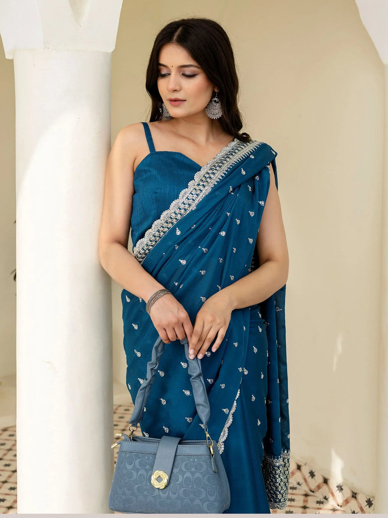 Chic Aqua Blue Chinon Sequins Embroidered Saree With Blouse