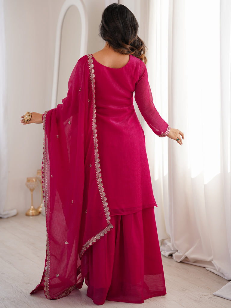 Pretty Hot Pink Embroidered Silk Engagement Wear Sharara Suit