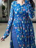 Alluring Teal Green Georgette Floral Printed Nayra Cut Kurti