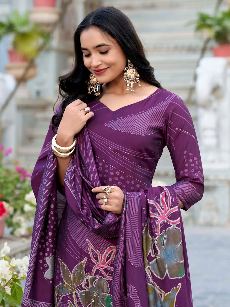 Stunning Wine Floral Printed Silk Festival Wear Palazzo Suit
