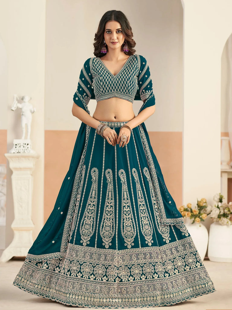 Marvelous Teal Green Embroidered Georgette Lehenga Choli With Dupatta