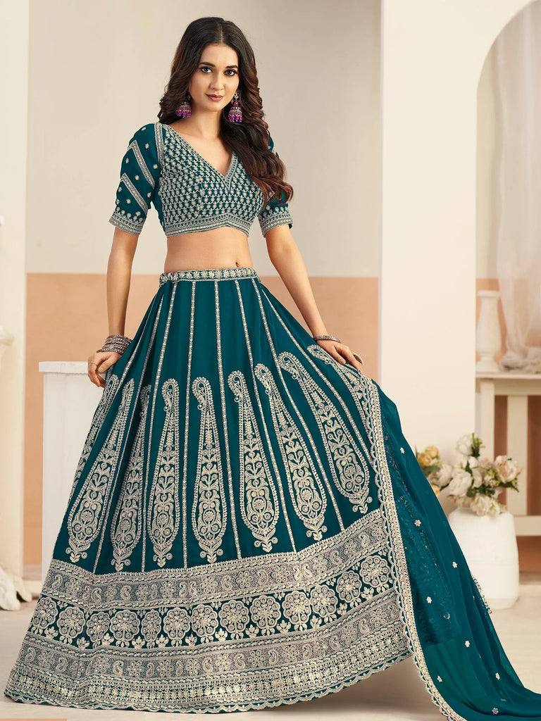 Marvelous Teal Green Embroidered Georgette Lehenga Choli With Dupatta