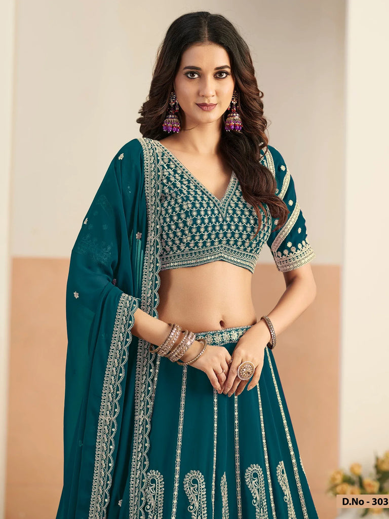 Marvelous Teal Green Embroidered Georgette Lehenga Choli With Dupatta
