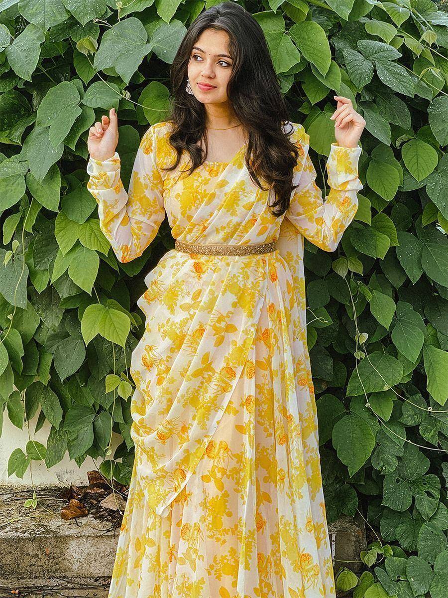 Yellow floral ethnic gown with belt, perfect for Indian occasions and festive wear