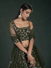 Desirable Olive Green Sequins Embroidered Georgette Lehenga Choli