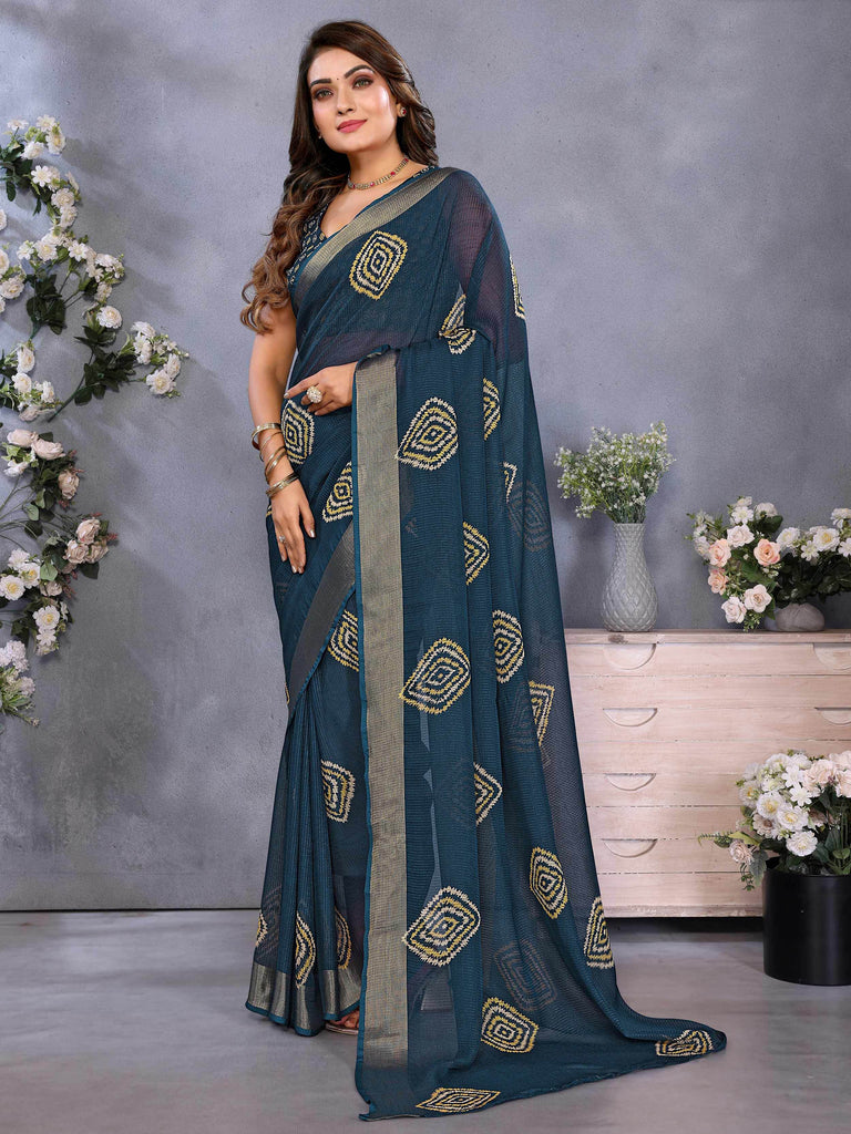 Dazzling Navy Blue Chiffon Casual Wear Saree With Blouse
