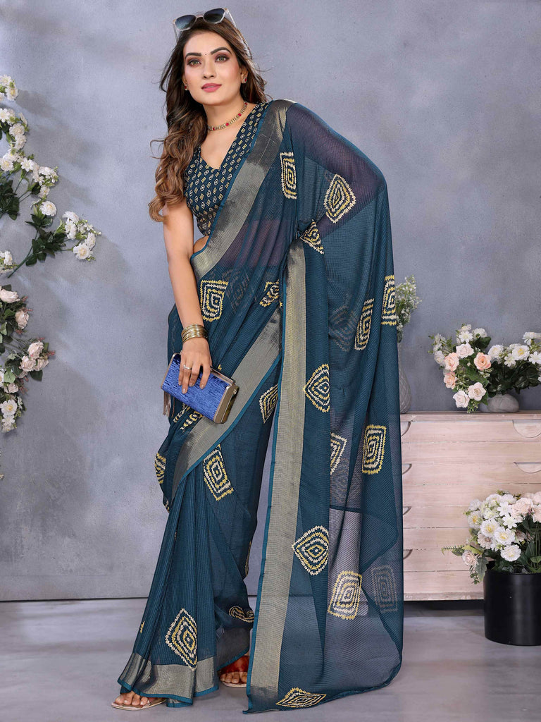 Dazzling Navy Blue Chiffon Casual Wear Saree With Blouse