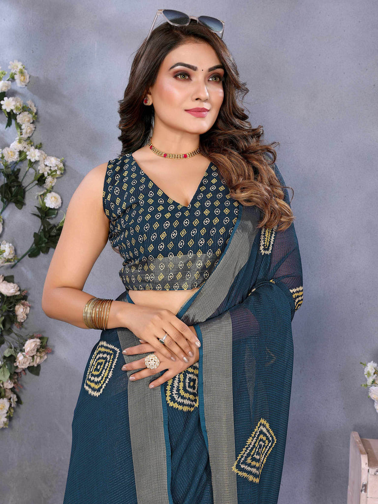 Dazzling Navy Blue Chiffon Casual Wear Saree With Blouse