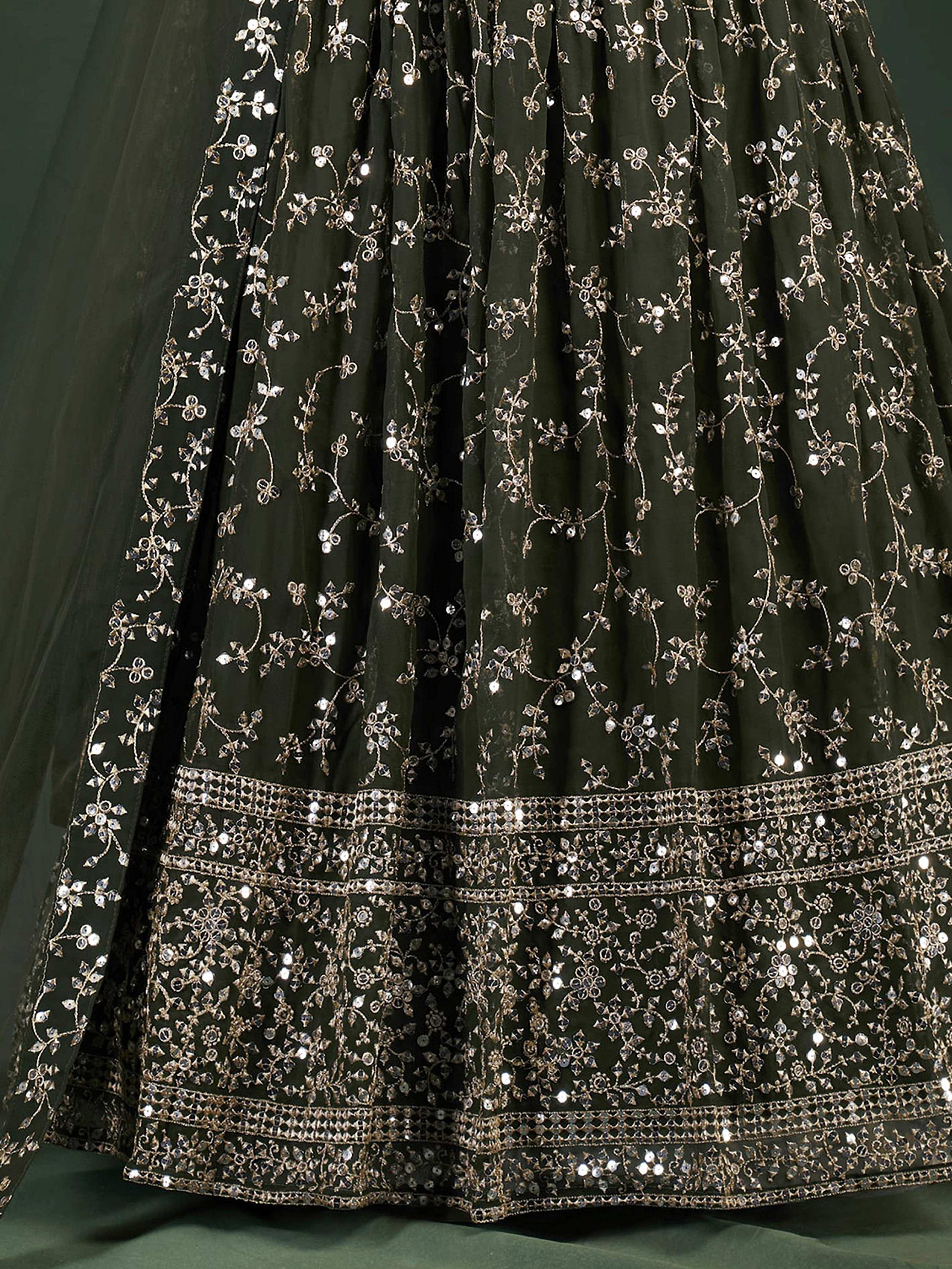 Desirable Olive Green Sequins Embroidered Georgette Lehenga Choli