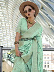 Attractive Sea Green Weaving Silk Festival Wear Saree With Blouse