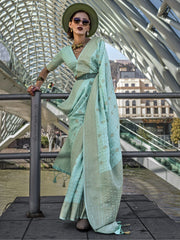 Precious Light Blue Weaving Silk Festival Wear Saree With Blouse