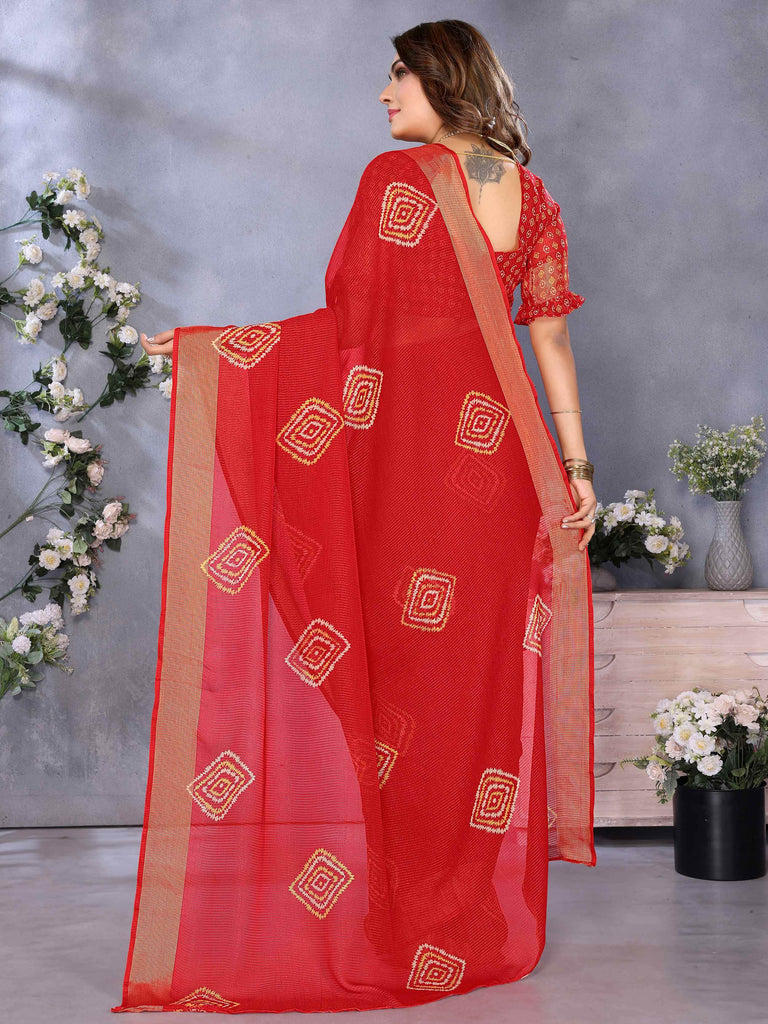 Charming Red Shibori Printed Chiffon Traditional Saree