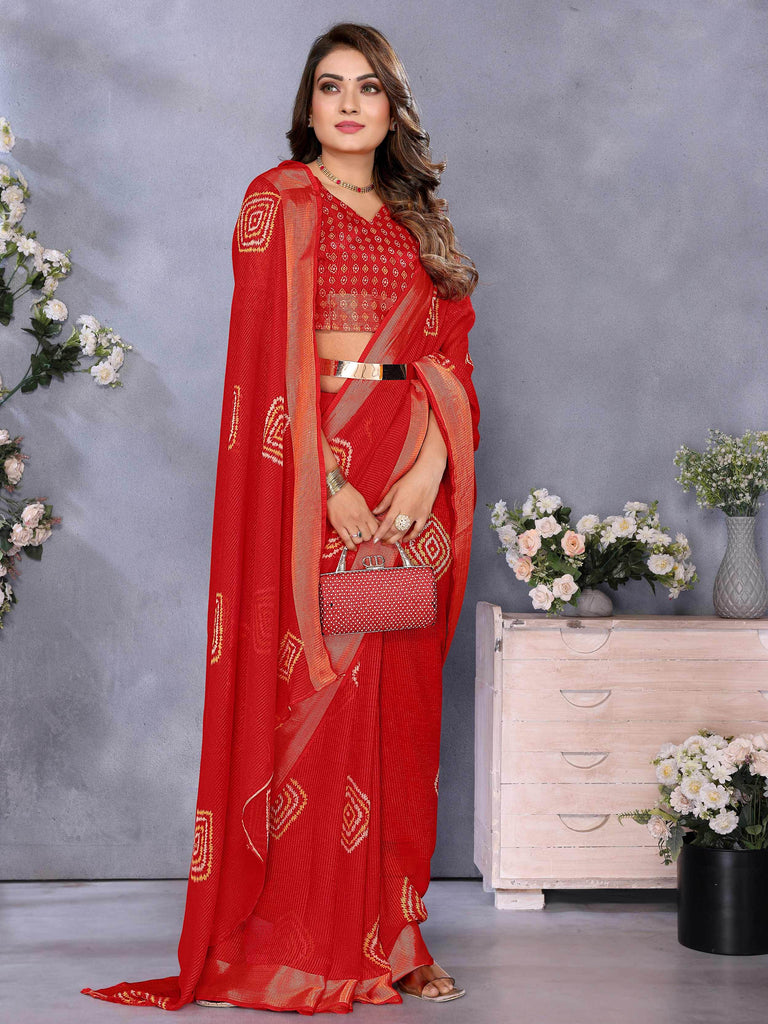 Charming Red Shibori Printed Chiffon Traditional Saree