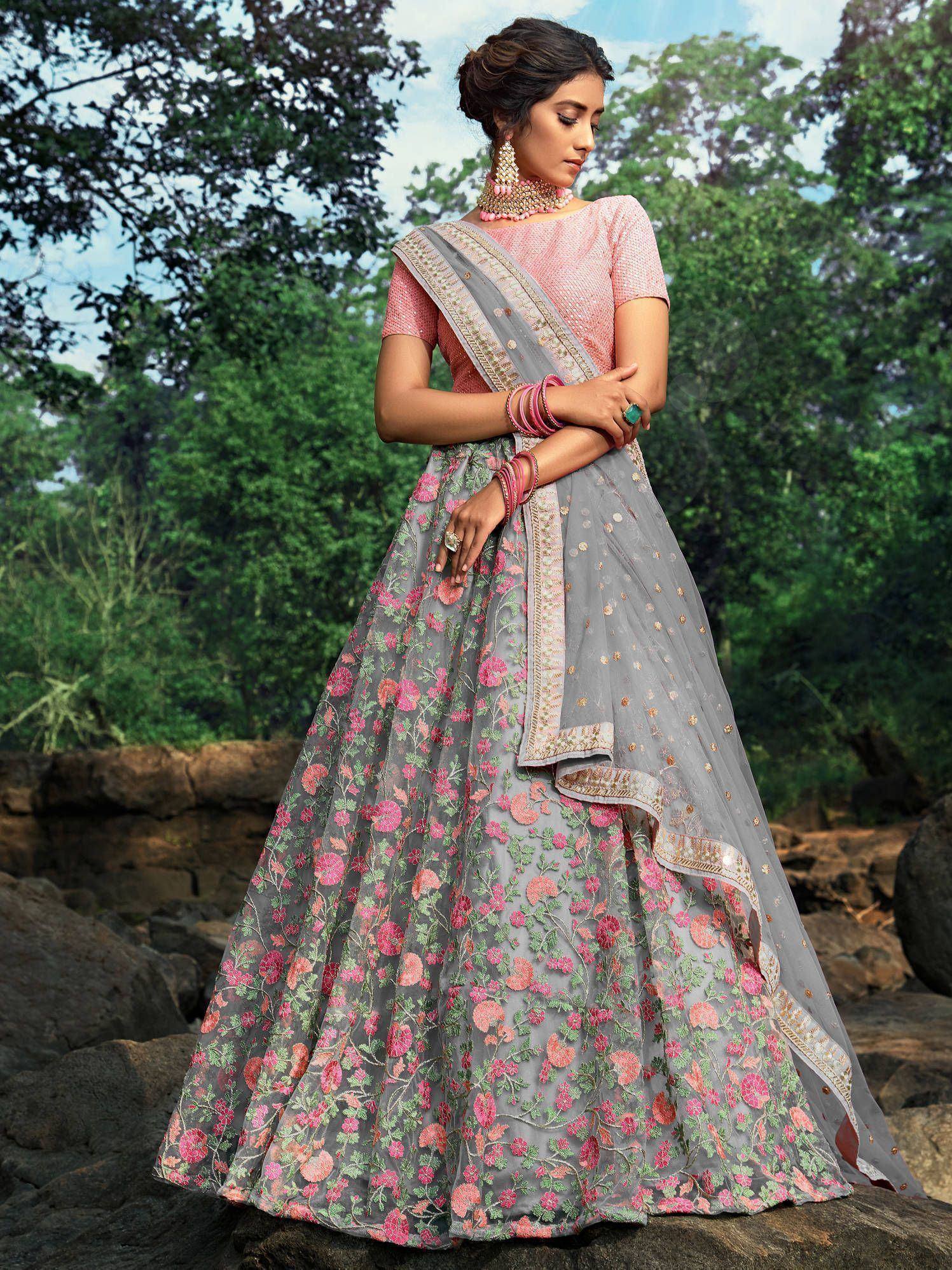 Grey floral lehenga choli with pink blouse, perfect for Indian ethnic wear occasions