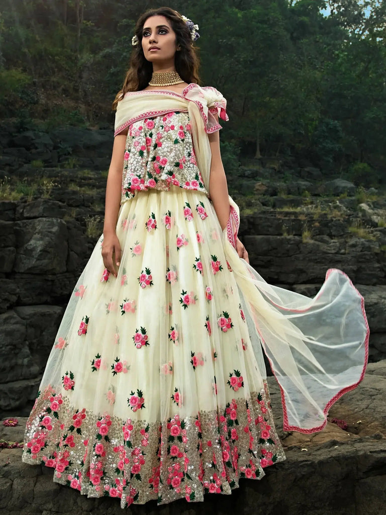 Off White Floral Thread Embroidered Soft Net Party Wear Lehenga Choli