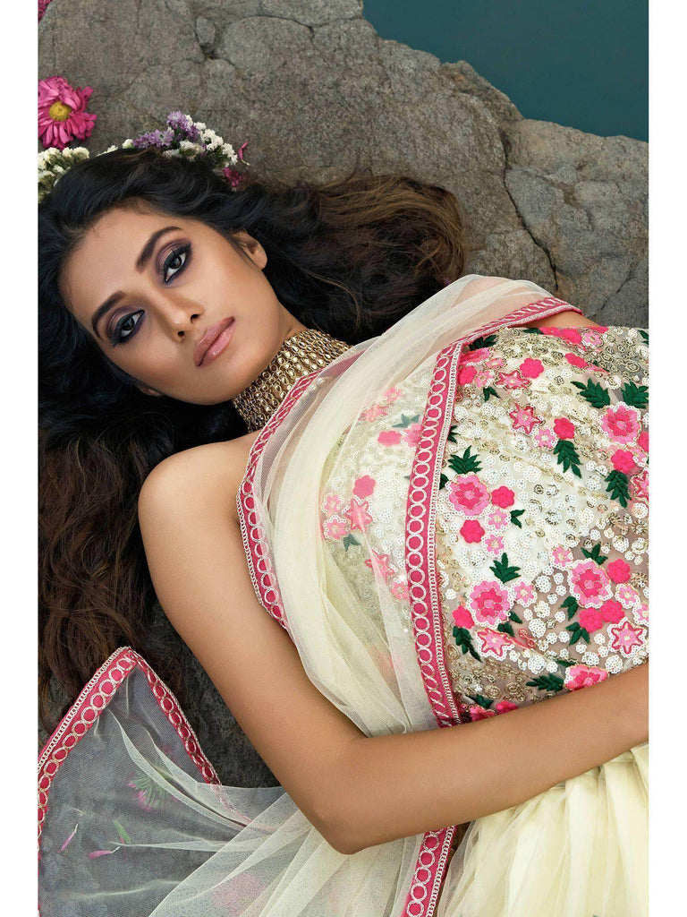Off White Floral Thread Embroidered Soft Net Party Wear Lehenga Choli