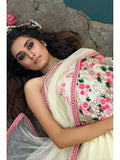 Off White Floral Thread Embroidered Soft Net Party Wear Lehenga Choli