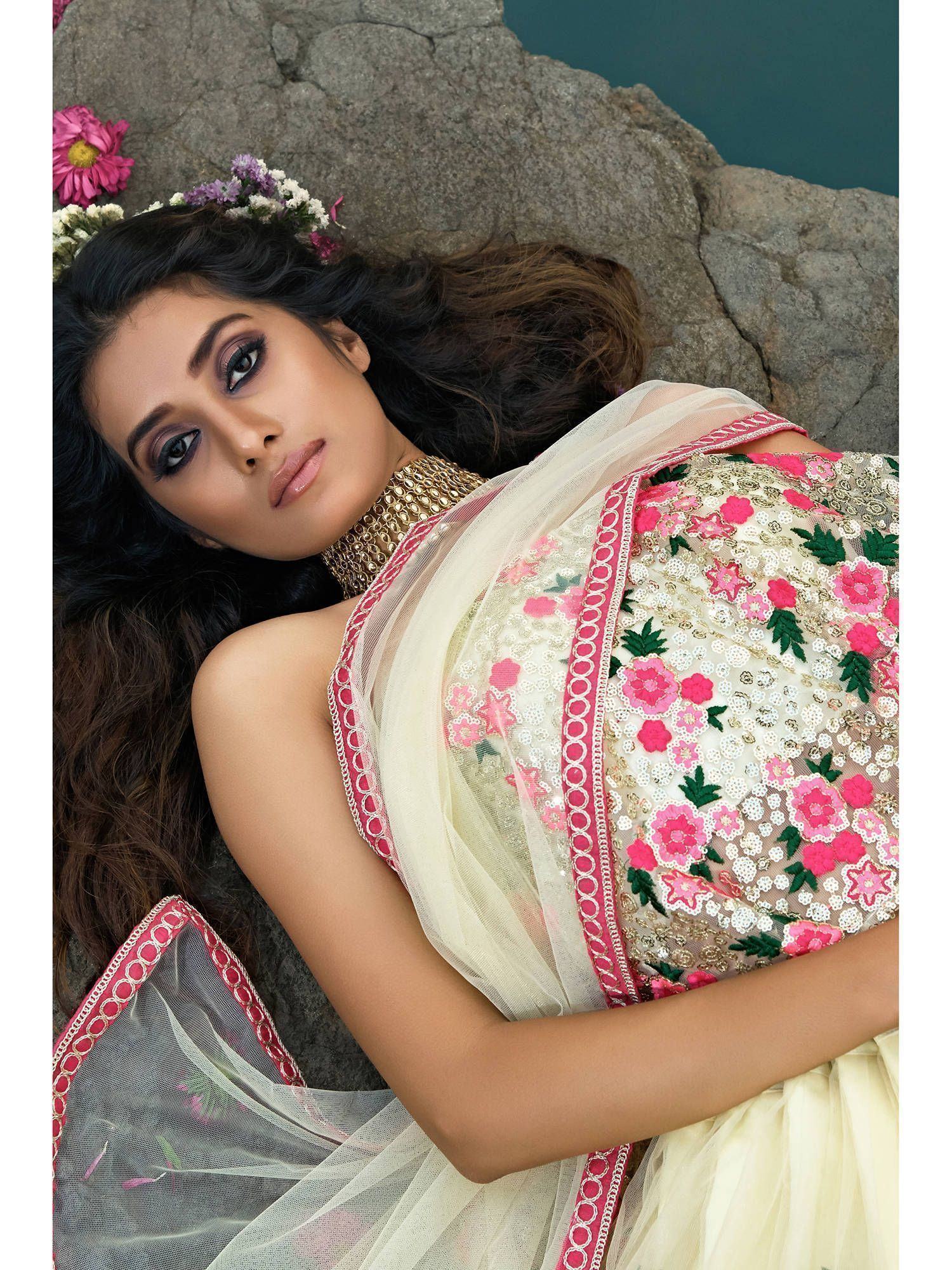 Off White Floral Thread Embroidered Soft Net Party Wear Lehenga Choli
