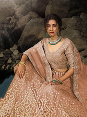 Brown Zari Worked Soft Net Wedding Wear Lehenga Choli