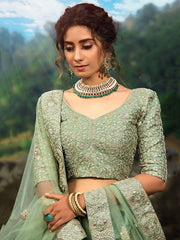 Green Zari Worked Soft Net Wedding Wear Lehenga Choli