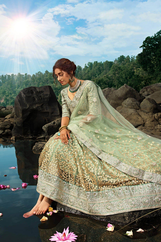 Green Zari Worked Soft Net Wedding Wear Lehenga Choli