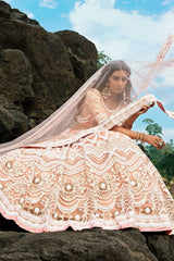 Peach Thread Zari Worked Soft Net Bridal Lehenga Choli