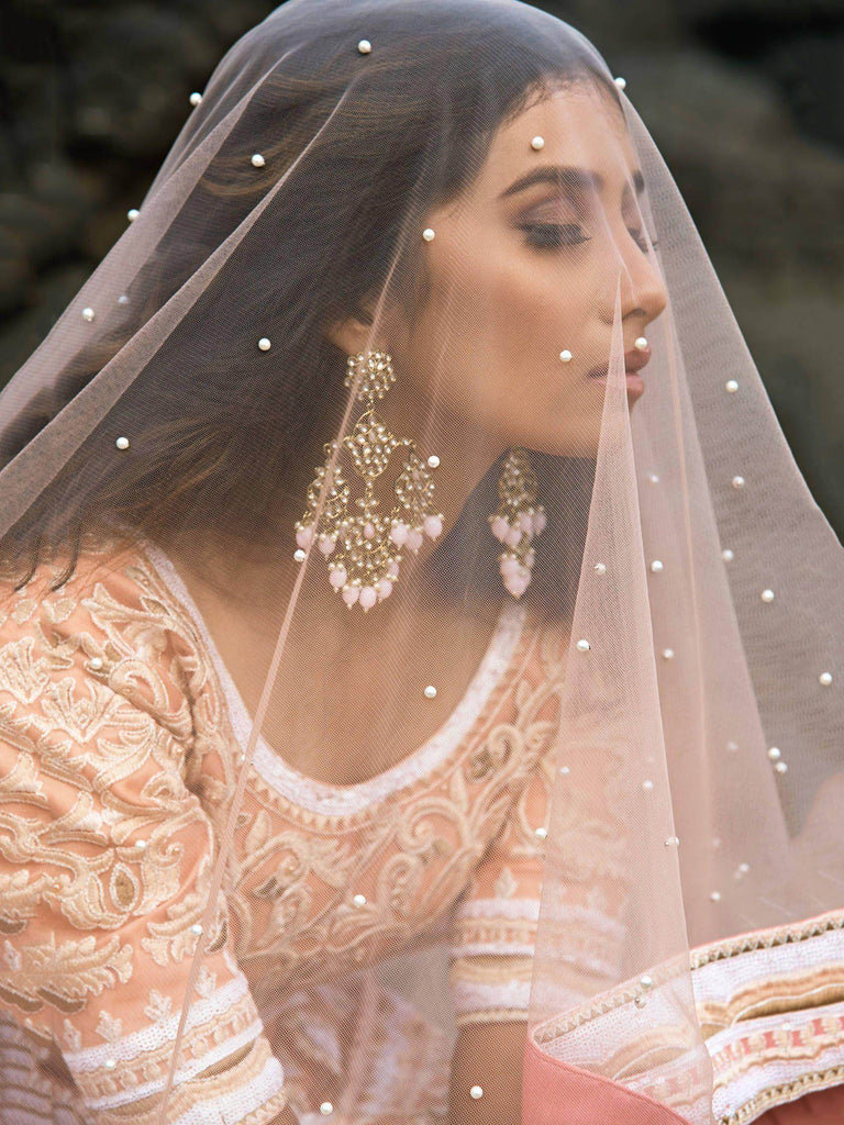 Peach Thread Zari Worked Soft Net Bridal Lehenga Choli