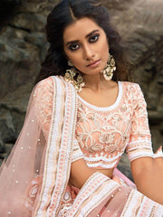 Peach Thread Zari Worked Soft Net Bridal Lehenga Choli