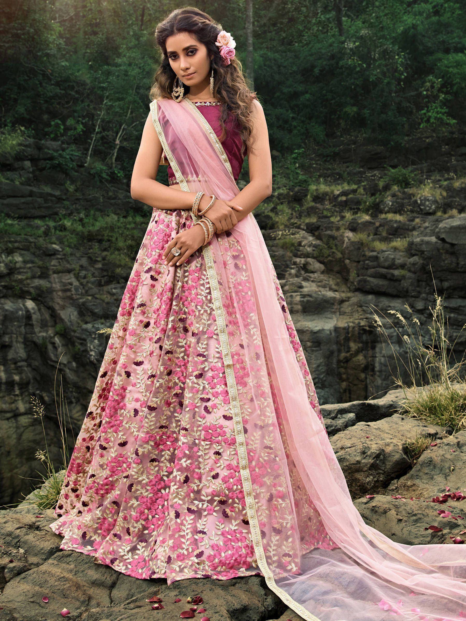 Pink floral embroidered lehenga choli with gold border, perfect for Indian ethnic wear occasions