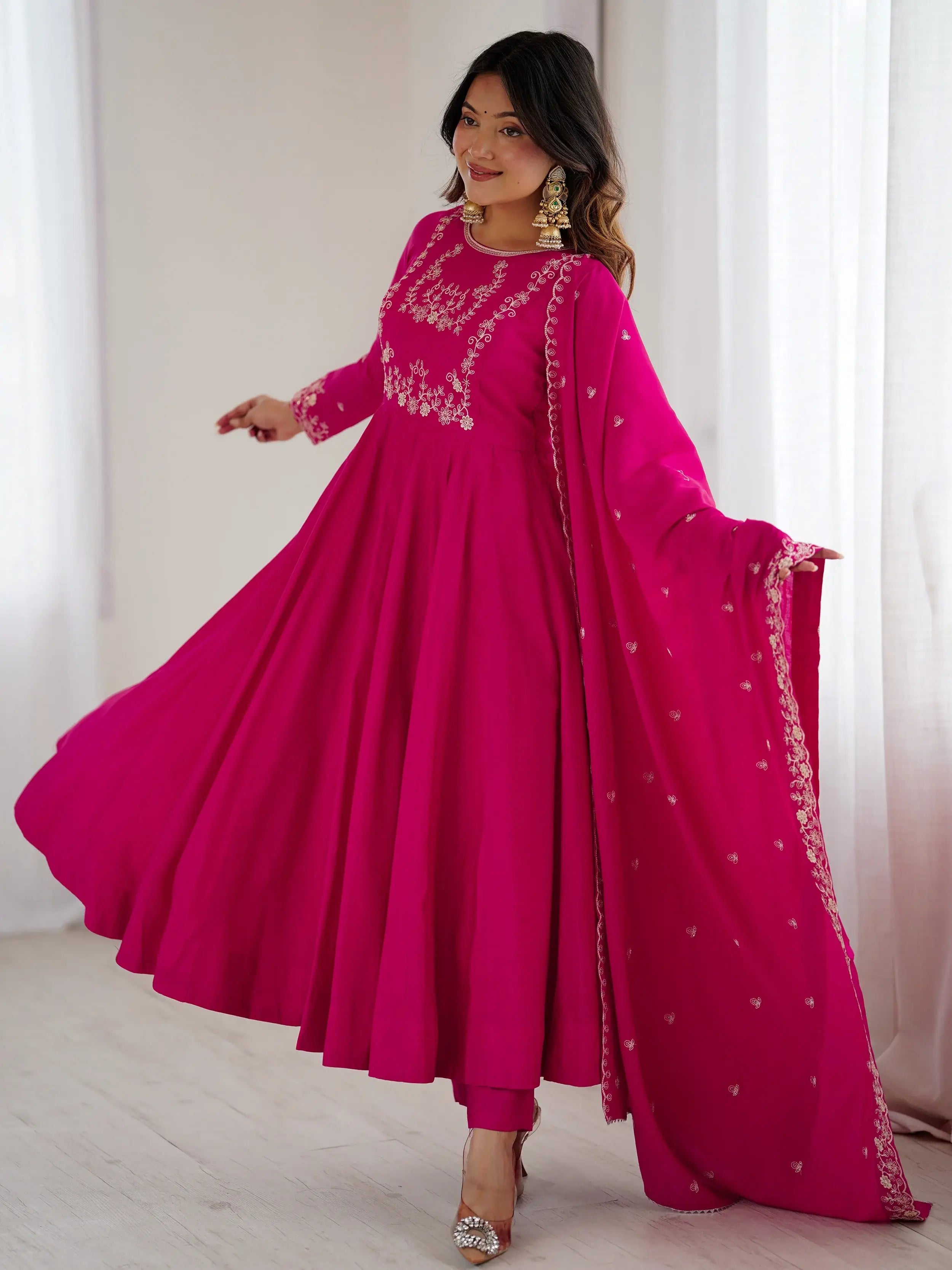 Glowing Pink Beads Work Chanderi Silk Festival Wear Anarkali Suit