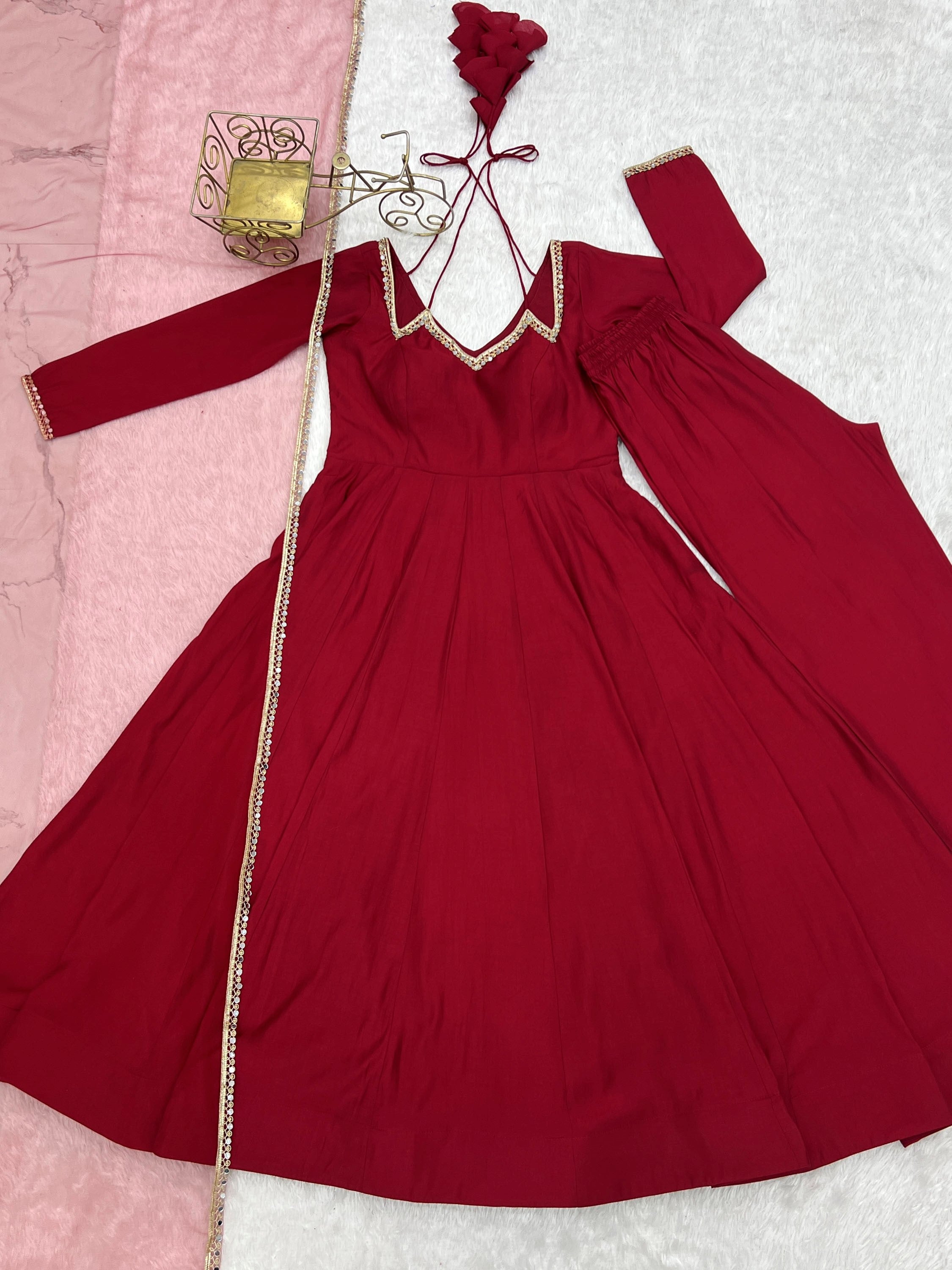 Graceful Maroon Georgette Traditional Anarkali Gown With Dupatta