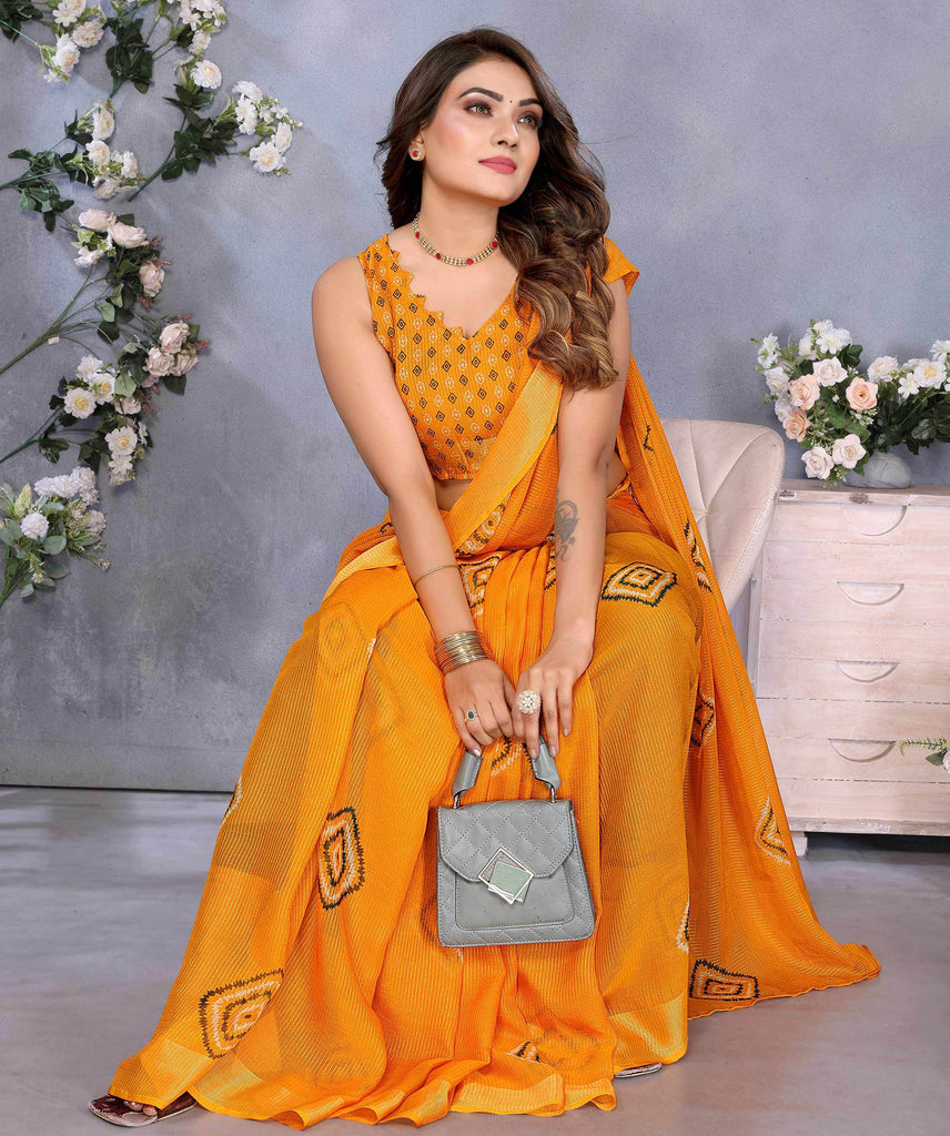 Mesmerizing Orange Chiffon Shibori Printed Saree With Blouse