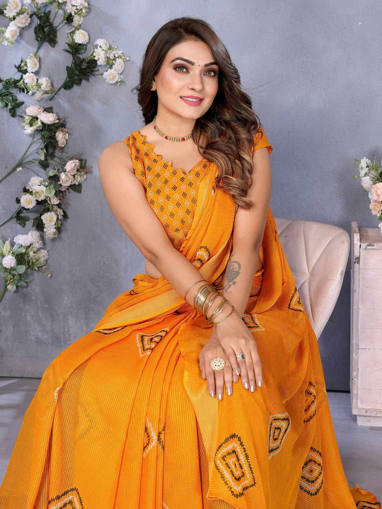 Mesmerizing Orange Chiffon Shibori Printed Saree With Blouse