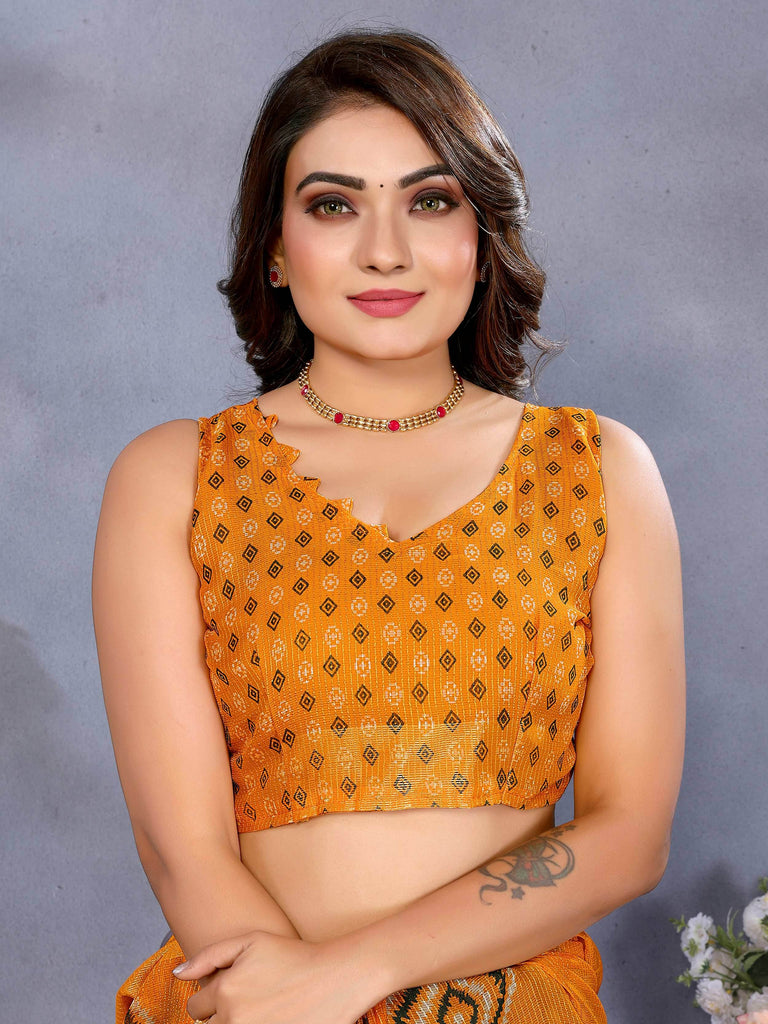 Mesmerizing Orange Chiffon Shibori Printed Saree With Blouse