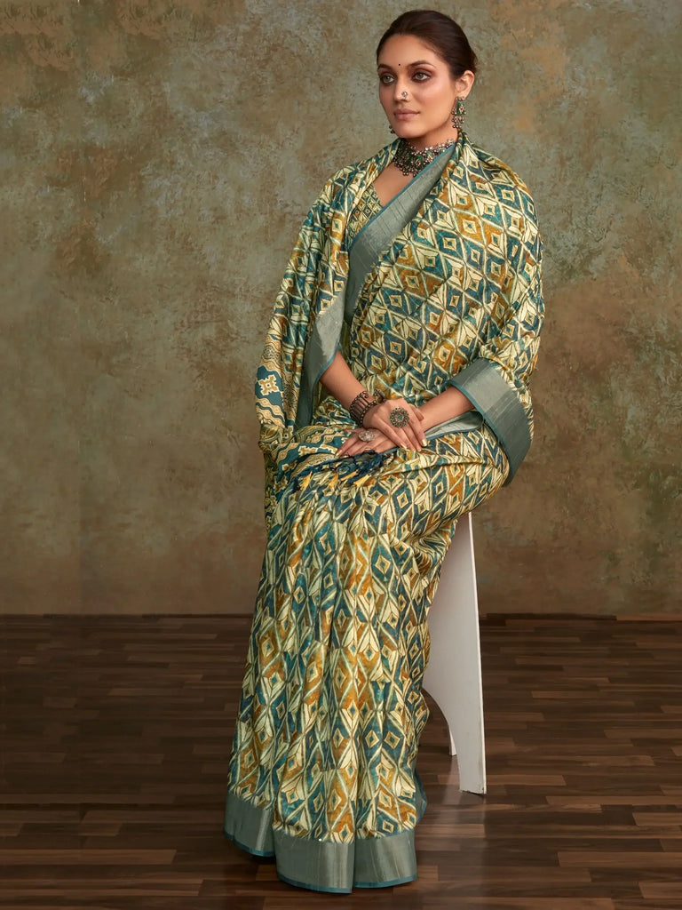 Awesome Cream Digital Printed Silk Traditional Saree With Blouse